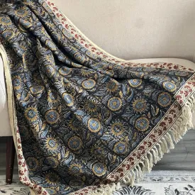 Blue Floral Throw Blanket with Tassels , Soft Throw Blanket, Sofa Décor living room Décor, Gift for Her