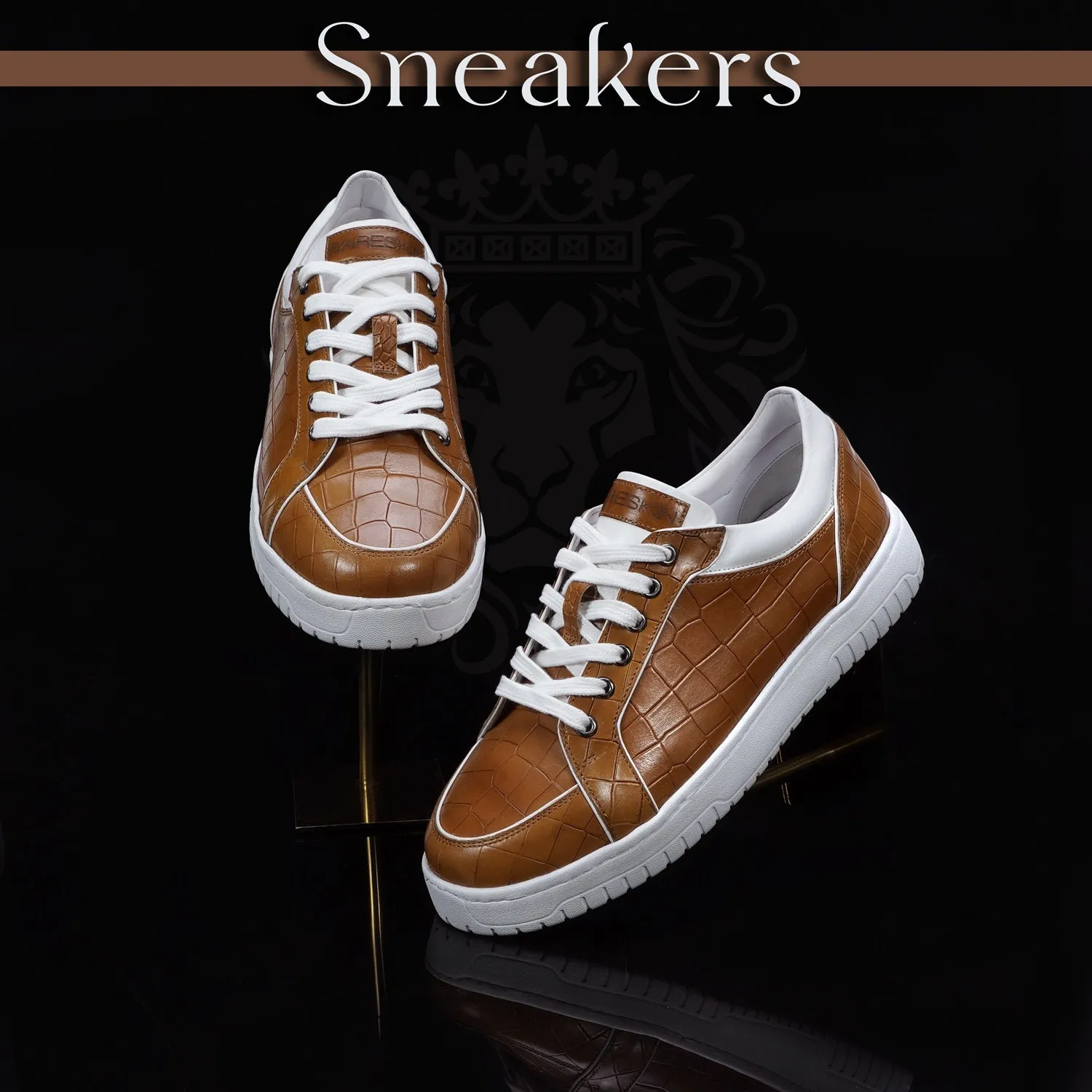 Contrasting White Edges Sneakers in Tan Deep Cut Leather with Lace-Up Closure