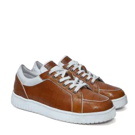 Contrasting White Edges Sneakers in Tan Deep Cut Leather with Lace-Up Closure