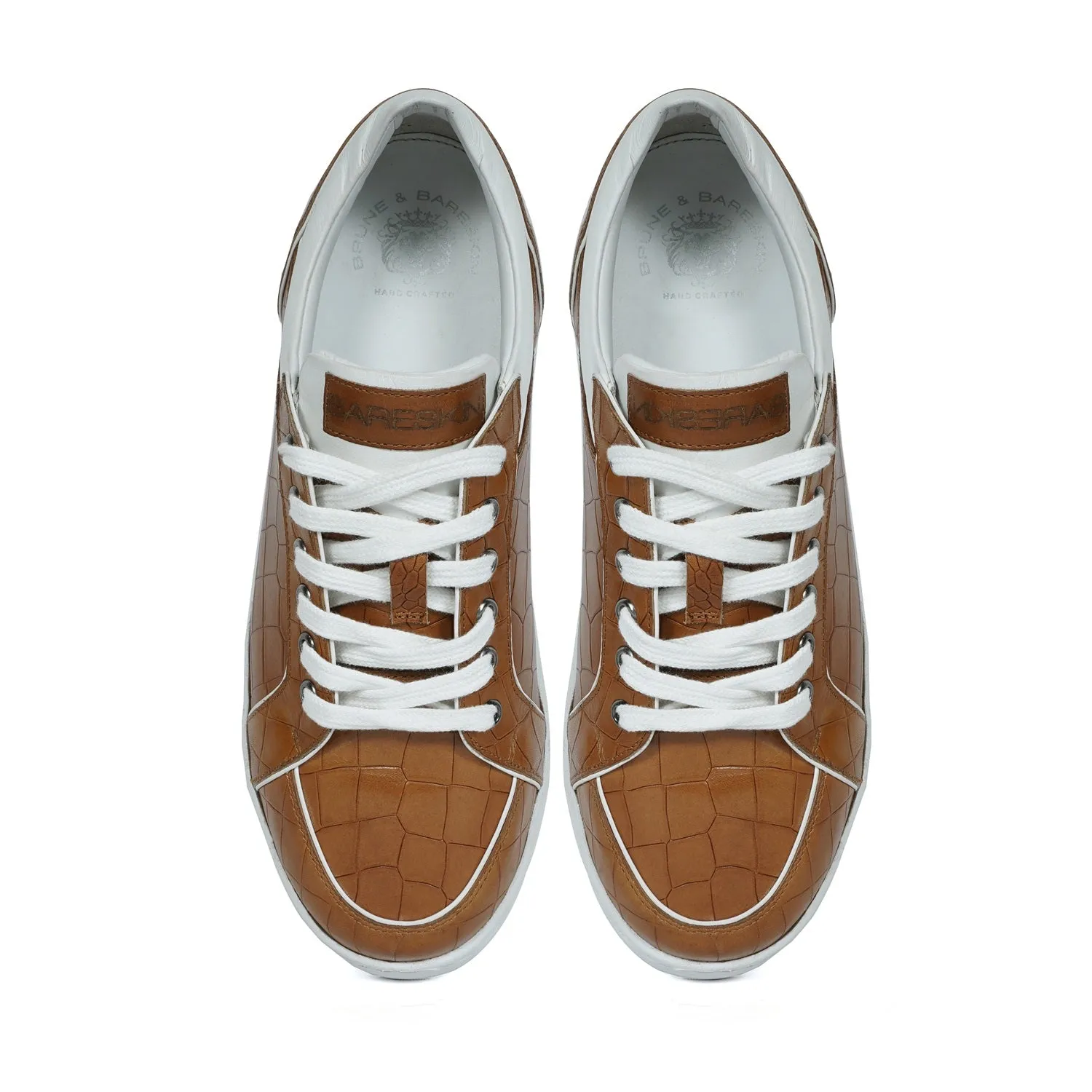 Contrasting White Edges Sneakers in Tan Deep Cut Leather with Lace-Up Closure