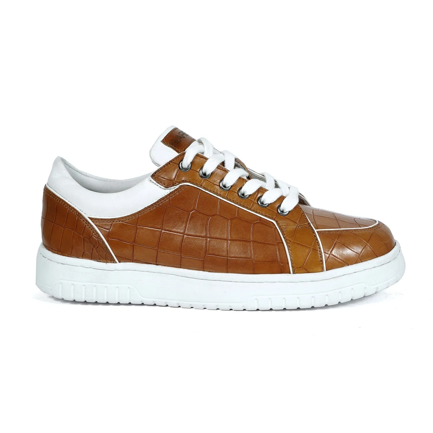 Contrasting White Edges Sneakers in Tan Deep Cut Leather with Lace-Up Closure